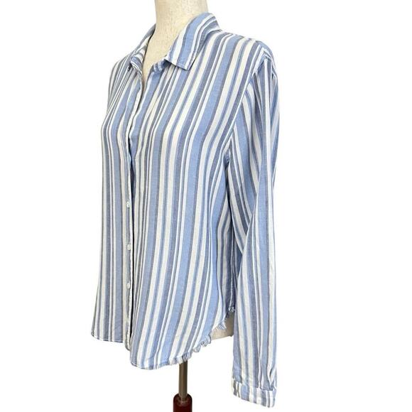 Bella Dahl Linen Blend Fringe Shirt Button Up Women’s Sz M Blue White Stripes - Picture 2 of 9